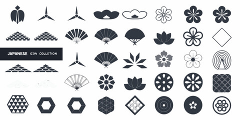 Collection of japanese style icons featuring traditional motifs and symbols in dark blue and grey