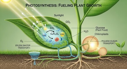 Detailed Diagram of Photosynthesis Process in Plants with Labeled Components