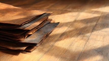 Stack of Old Brown Paper Sheets on Rustic Wooden Floor with Natural Light and Shadows Creating a Nostalgic Atmosphere
