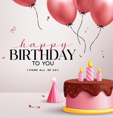 Happy Birthday greeting text clipart design. Pink birthday cake and floating balloons with greeting text clip art for kid girl invitation card template in simple background vector illustration.

