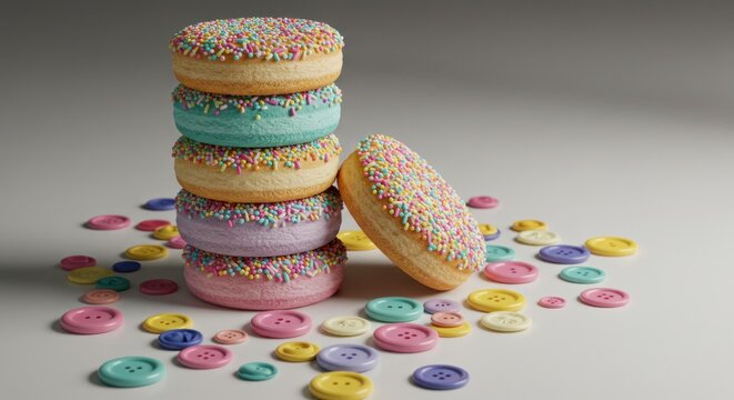 A stack of colorful donuts with sprinkles on a white background, with one donut leaning against the stack and colorful buttons