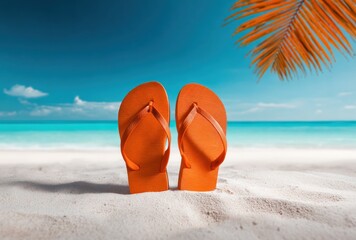 A pair of orange flip-flops stands on a bright sandy beach with turquoise water and a palm frond against a clear, blue summer sky