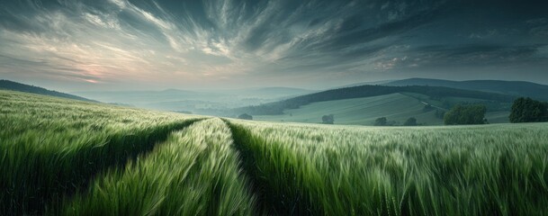 Path cuts through tall green grass, hills loom under a dramatic cloudscape, sky meets land, creating a serene and endless horizon
