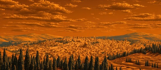 High-angle view of a stylized cityscape beneath an orange sky with clouds and distant mountains, framed by dark green, tall trees