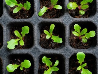 Naklejka premium A close-up view of healthy, young lettuce seedlings growing in a seed tray, showcasing vibrant green leaves in rich, dark soil.