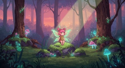 Cute sprite child with sparkling emerald aura, perched on a moss-covered rock in a dreamy magical forest