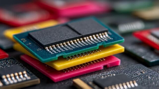 Macro shot of various memory cards stacked with the main card in clear focus and the rest fading into blur illustrating diverse options for rapid data saving solutions.