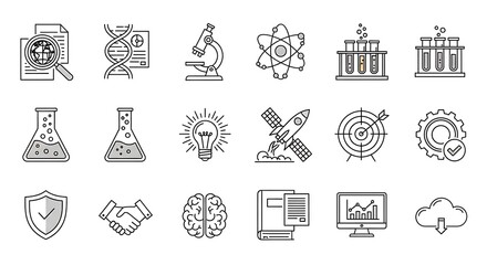 A collection of diverse, minimalist icons representing various scientific, technological, and business concepts.