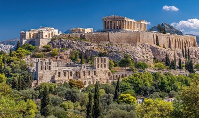 Ancient Grecian ruins perched atop a rocky hill, surrounded by lush greenery and blue sky