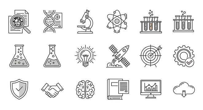 A collection of diverse, minimalist icons representing various scientific, technological, and business concepts.