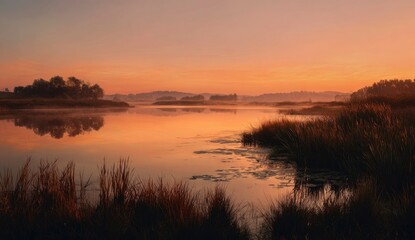 Obraz premium Serene sunrise over calm lake, misty morning