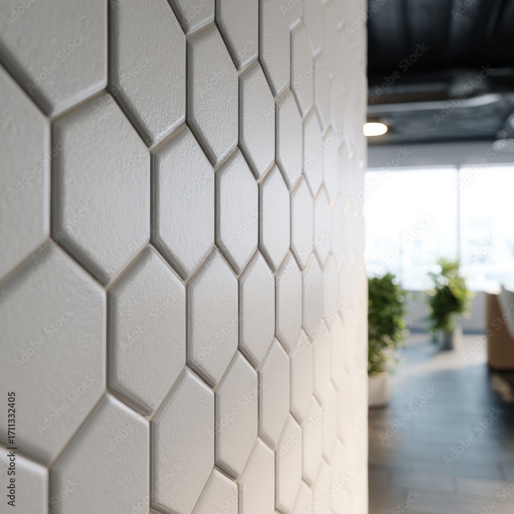 Poster a close-up view of a wall featuring a repeating pattern of textured white hexagonal tiles, showcasin