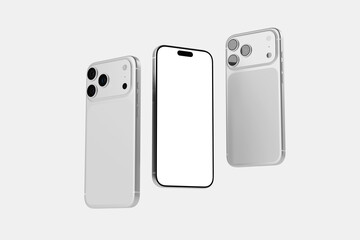 Modern White Smartphones Displaying Blank Screens Against Minimal Background