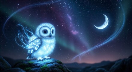 Fantasy owl chick with glowing blue feathers, perched on a rock under starry enchanted night sky