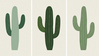 Abstract Desert Cactus Triptych Wall Art with Green Layers and Gold