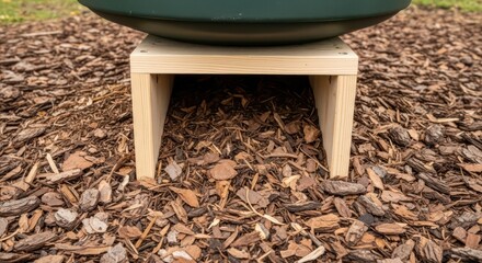 Wooden Stand Supporting a Dark Green Bowl on a Bed of Wood Chips