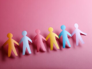 Colorful paper cutouts of people holding hands against a pink background, symbolizing unity and connection.