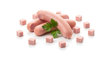 Sausages and Meat Cubes on White Background.