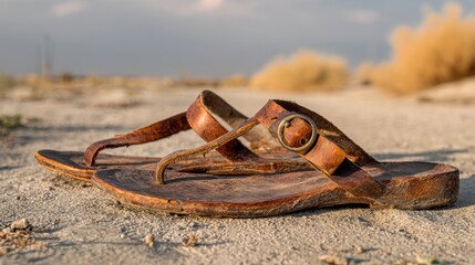 Worn Leather Sandals on Sandy Path with Blurry Background and Natural Scenery Under Soft Evening Light