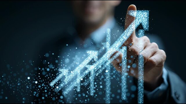The Ascent of Ambition: A Business professional's hand traces a vibrant arrow, symbolizing upward progress in a sleek, futuristic setting. This image captures determination, financial growth.