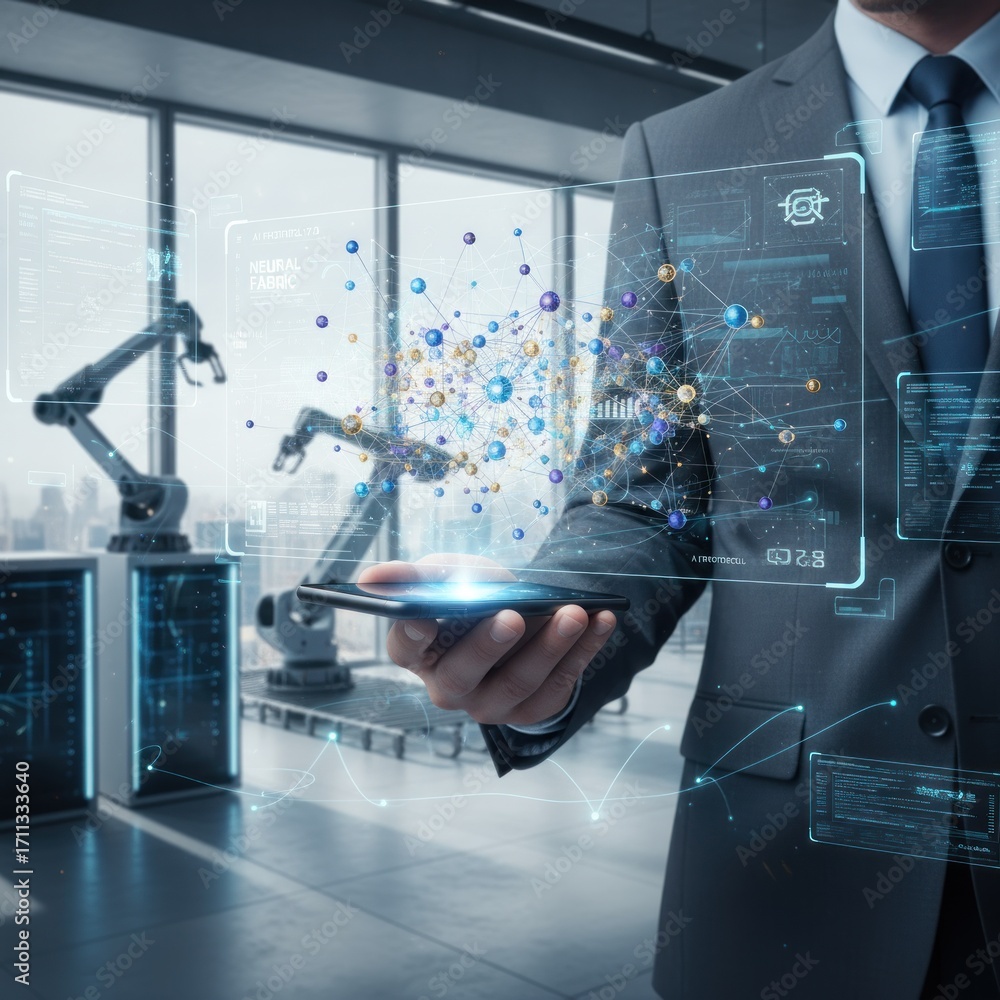 Poster innovative robotics demonstration modern factory digital display industrial environment close-up vie