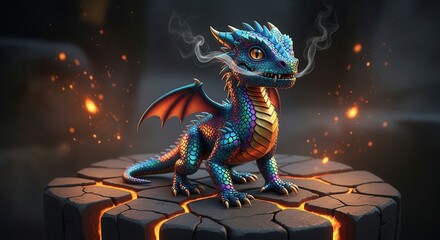 Ultra-detailed baby dragon with shimmering scales, standing proudly on a cracked stone, glowing embers floating around.
