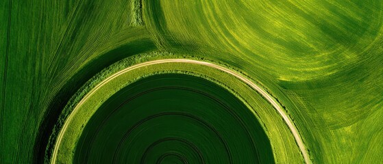 Aerial view of vibrant green agricultural fields showcasing circular patterns, creating a striking visual of nature's symmetry.