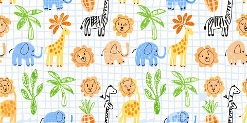 Cute cartoon safari animals and tropical plants seamless pattern for kids © Anik