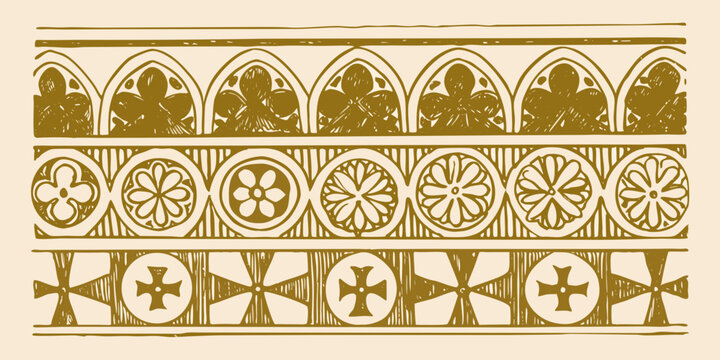 Vintage gothic architectural decorative border with floral and cross motifs in gold outline