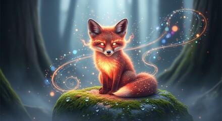 Ultra-realistic baby fox spirit with fiery glowing fur, perched on a mossy stone, surrounded by misty fantasy lights