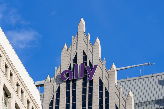 Ally Detroit center sign in downtown Detroit, Michigan, The company provides financial services including car finance, online banking and mortgage loans