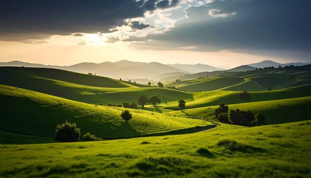 Lush rolling hills at sunset