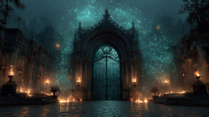 Arcane Gate with Spectral Guardians Handing Magical Artifacts