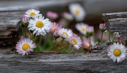Obraz premium Delicate daisies blooming through weathered wood