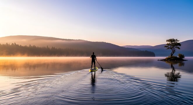 Paddleboarding on a serene lake at sunrise enhancing outdoor wellness - Powered by Adobe