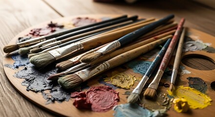 Fototapeta premium Paintbrushes rested on palette with assorted vibrant paints on wood plank