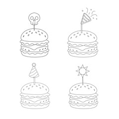 doodle burger pattern background. doodle fast food burger seamless pattern background. seamless pattern of hamburger in doodle style. Seamless Pattern of a Cheese Burger. Doodle burger with stick.
