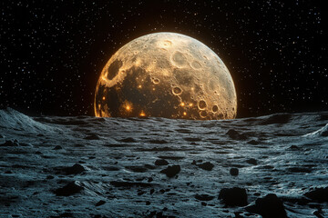 Moon's surface viewed from the moon: cratered landscape under black sky, Earth looming in distance.