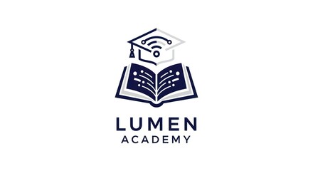 Modern Education Logo: Book with Circuitry and Graduation Cap with Wifi Symbol