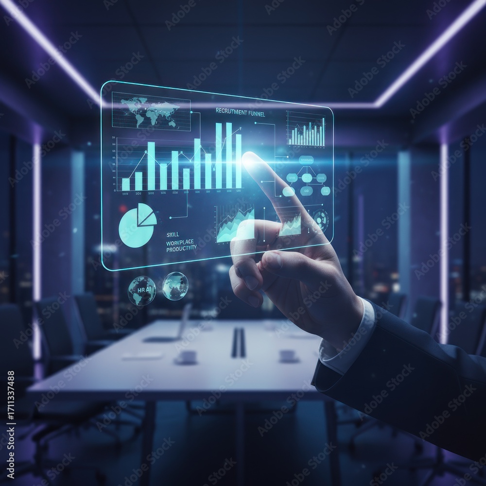 Poster business presentation with data visualization modern office digital interface corporate environment 