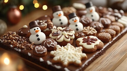 Christmas-themed gingerbread dessert platter with assorted gingerbreads, snowman figures and chocolate decorations