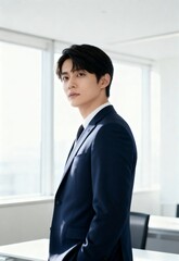 明るいオフィスで振り返るスーツ姿の若い男性