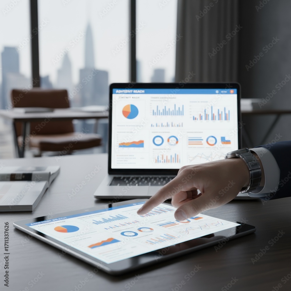 Poster data analysis meeting corporate office digital presentation business environment close-up view visua