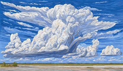 Dramatic cumulus clouds over a flat landscape