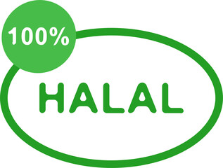 Halal certification sticker with green text inside white oval and 100 percent mark