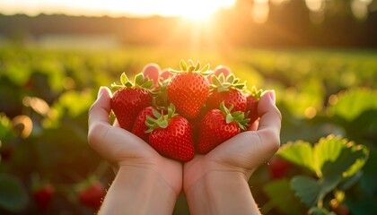 Fresh strawberries held in cupped hands at sunset