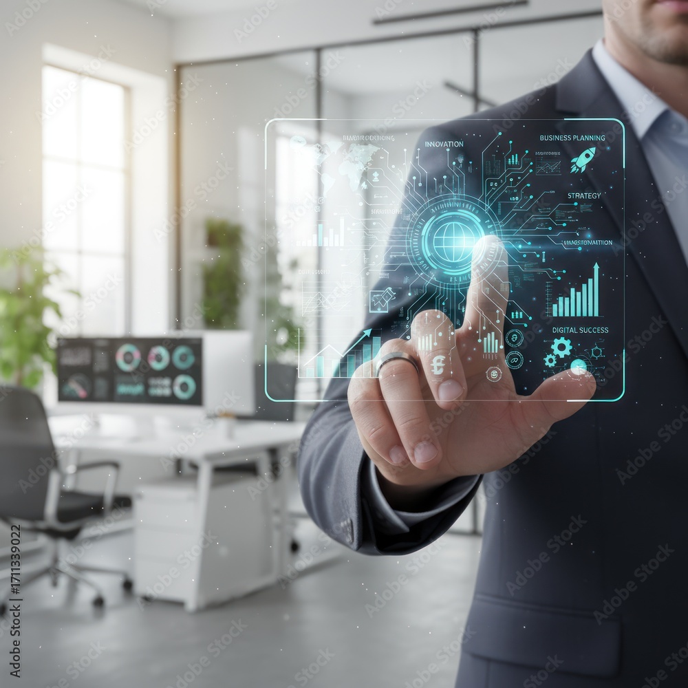 Poster innovative business strategies modern office digital interface tech environment close-up view future