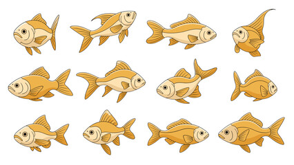 Fototapeta premium Eleven charming goldfish illustrations conveying elegance and tranquility isolated on transparent background