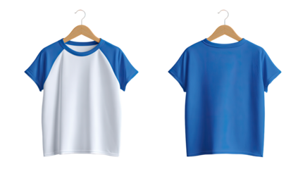 Two-toned t-shirt mockup, front and back views, on a wooden hanger