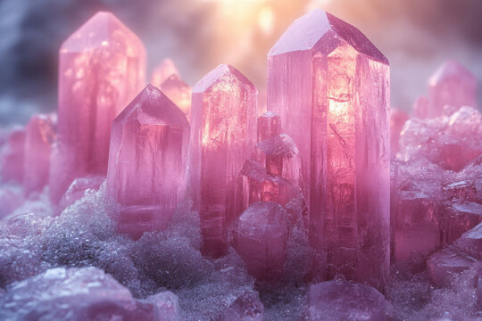 Pink crystals scattered on snow, sparkling.